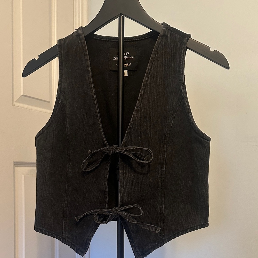 Black denim tie front top